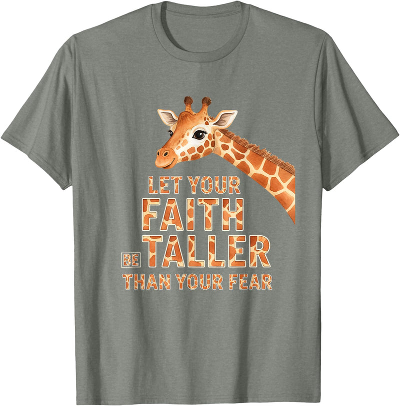 Giraffe Faith Kids Christian Jungle Animal Tall Let Your Faith Be Taller Than Your Fear Kids Giraffe Jungle T-Shirt - Olive Heather