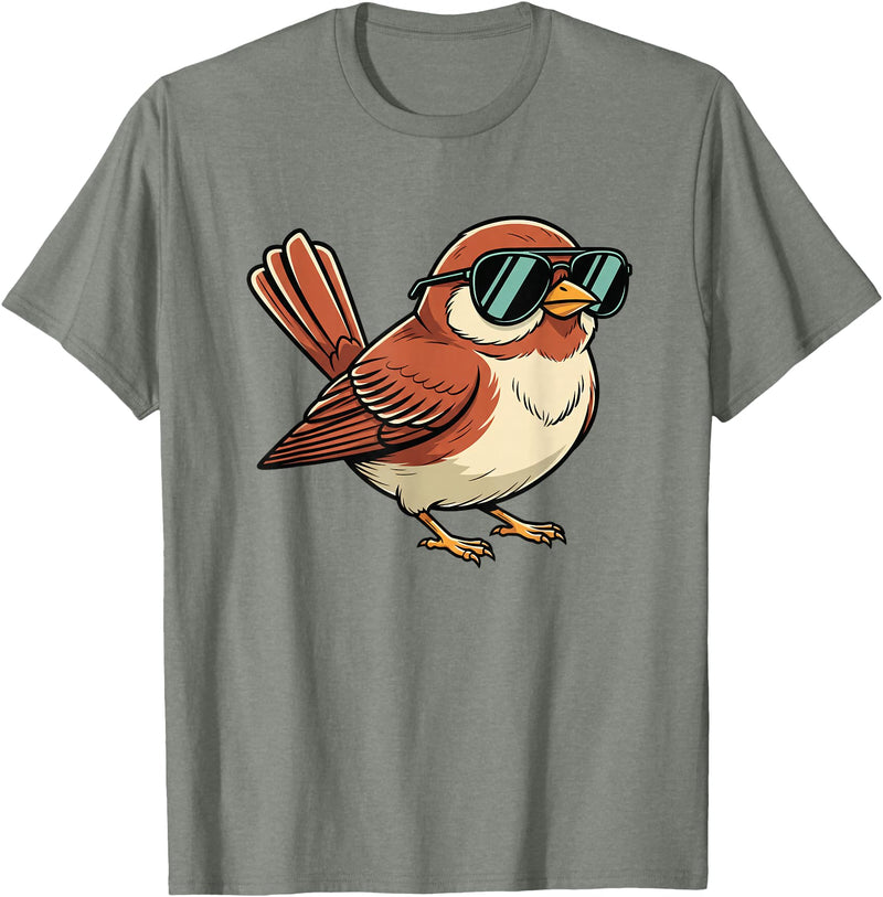 Chipper Feather Co Bird: Sparrow in Sunglasses, Cool Cartoon Avian Attitude T-Shirt - Olive Heather