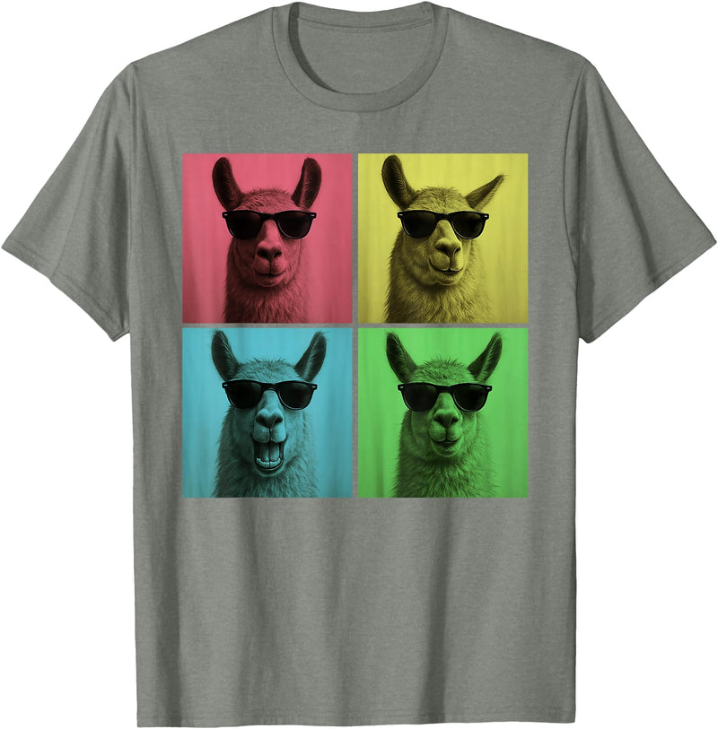 Retro Cute Llama Portrait with Sunglasses Llama Funny Pop Art Llama Lover Photo Booth T-Shirt - Olive Heather