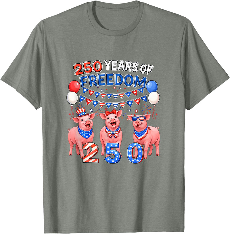 Farmer 4th Of July Costume 250th Freedom 4th of July US Flag Fireworks Three Cute Pigs T-Shirt - Olive Heather