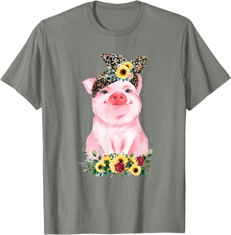 Pig Leopard Headband Flower Tees Pig With Leopard Headband Flower Cute Pig Lover T-Shirt - Olive Heather