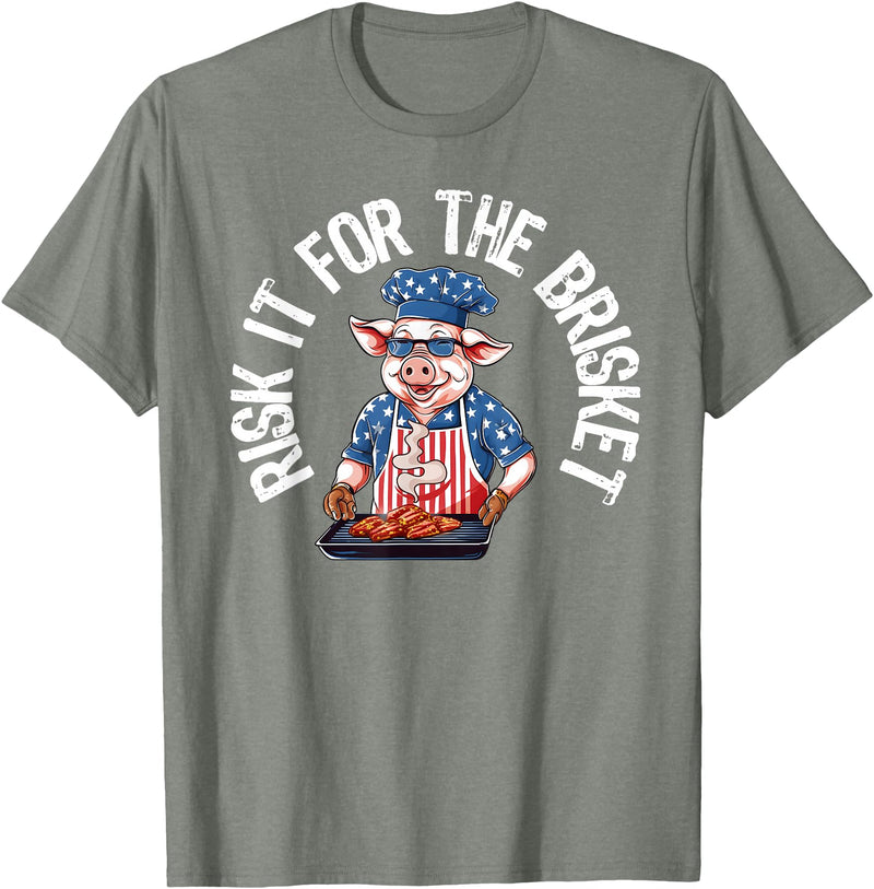 Funny Grill Pig Barbeque Pitmaster Designs for Men Risk It For The Brisket Funny Pig Grilling Barbecue Pork BBQ T-Shirt - Olive Heather
