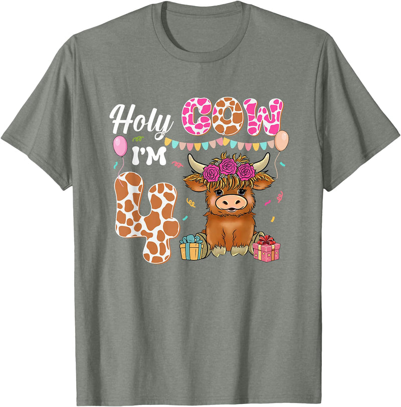 Holy Cow I'm 4 Highland Cow 4th Birthday Holy Cow I'm 4 Highland Cow Farming 4th Birthday 4 Years Old T-Shirt - Olive Heather