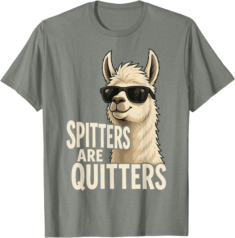 Inappropriate Funny Meme Tee Funny Llama Spitters are Quitters Adult Humor T-Shirt - Olive Heather