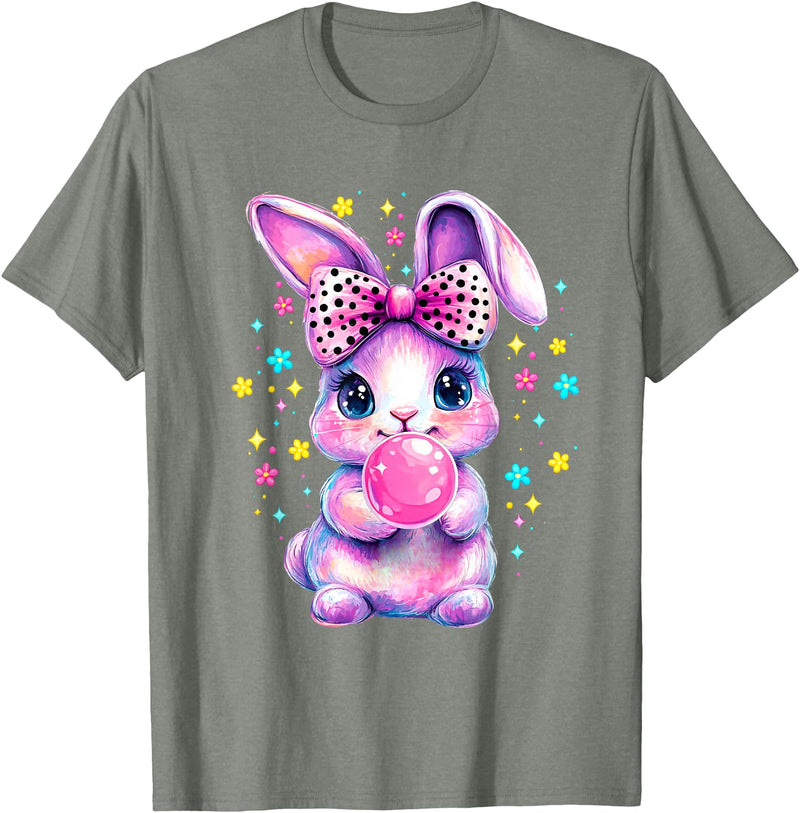 Cute Coquette Bow Tie Dye Rabbit Easter Bunny Girl Kids T-Shirt in Olive Heather