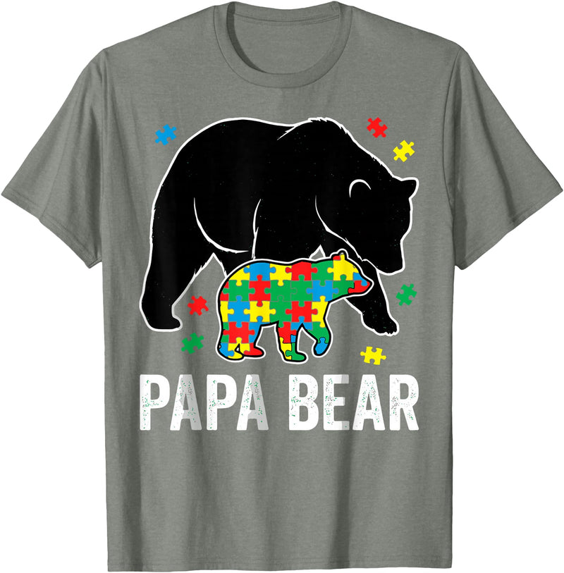 Autism Awareness Neurodiversity Support Apparel Papa Bear Autism Awareness Puzzle Neurodiversity Support T-Shirt - Olive Heather