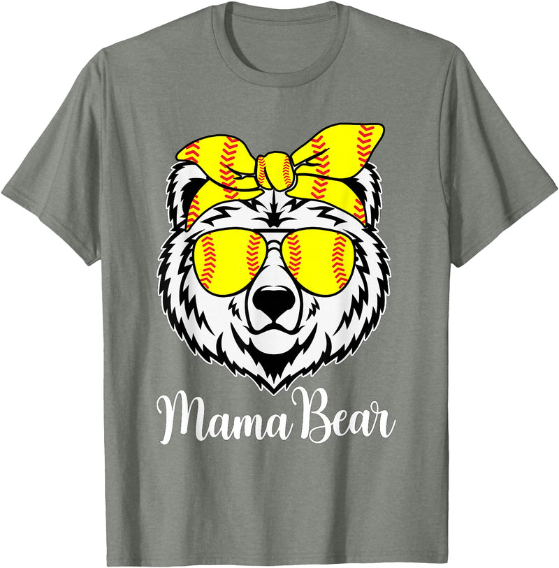 Mama Bear Face Apparel Softball Mama Bear With Sunglasses Bandana Momma Mothers Dy T-Shirt - Olive Heather