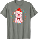 Dibble Dabble Holidays Sweet Pig with Santa Hat Pig Lover Christmas T-Shirt - Olive Heather
