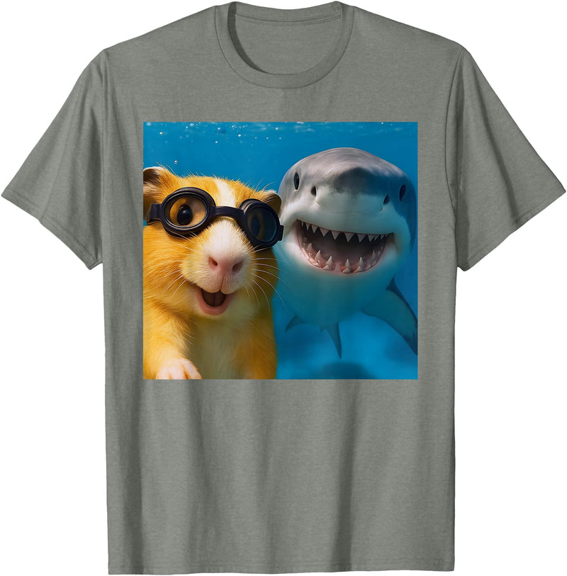 Selfie Guinea Pig and Shark Summer Scuba Diving Funny Guinea Pig Selfie with Shark Ocean Lovers T-Shirt - Olive Heather