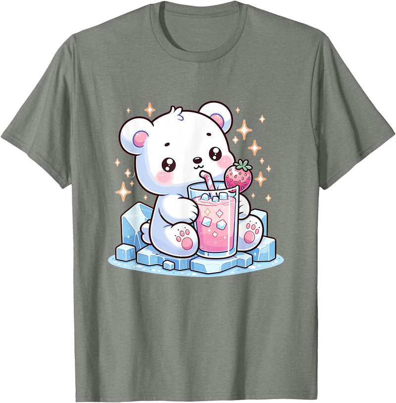Cute Japanese Kawaii Animals Drinking Milk Co. Cute Kawaii Style Polar Bear Drinking Strawberry Milk T-Shirt - Olive Heather