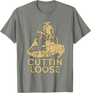 Cutting Horse Designs for Horseman Cuttin Loose Loves Western Horse Riding Cowboy Cutting Horse T-Shirt - Olive Heather