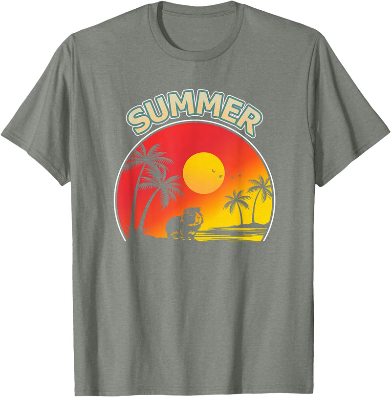 Retro Sunset Beach Guinea Pig Gifts Co Palm Tree With Guinea Pig Beach Holiday Summer Vacation T-Shirt - Olive Heather