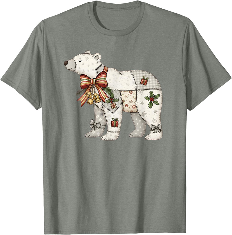 Cute Polar Bear Xmas Quilt Winter Holiday Patchwork Polar Bear Cute Christmas Quilt T-Shirt - Olive Heather