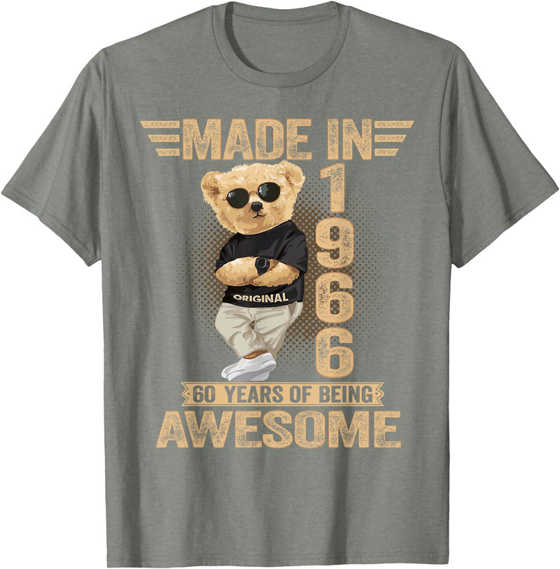 Vintage 60th Birthday 2026 Gifts Men Women 1966 60 Year Old Made in 1966 Teddy Bear 60th Birthday Men Women T-Shirt - Olive Heather