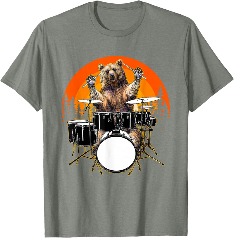 Drum Instrument Drummer Apparel Musical Animal Bear Playing Drums For Drum Lover And Musical Drummer Lover T-Shirt - Olive Heather