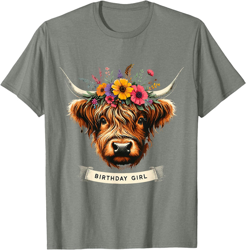 Humorous Highland Cow Gifts Highland Cow Birthday Girl Party T-Shirt - Olive Heather