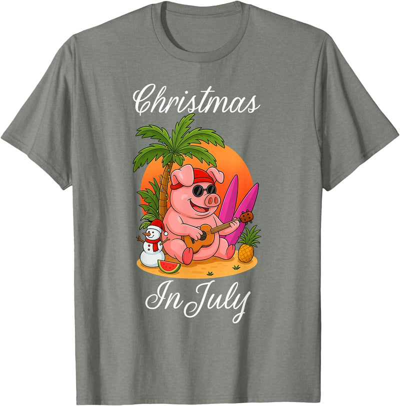Cute Funny Pig Christmas Xmas Summer Vacation Gift Christmas In July Cute Pig Funny Summer Vacation Beach Vibes T-Shirt - Olive Heather