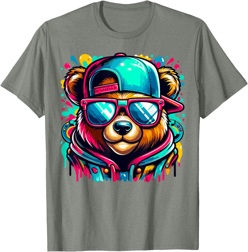 Funny Teddy Bear Lovers Colorful Hip Hop Teddy Bear Sunglasses Rap Music T-Shirt - Olive Heather