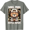Camouflage Hip Hop Teddy Bear Hustle Grind Designs Wake Pray Hustle Repeat Hip Hop Teddy Bear Boys Teens Camo T-Shirt - Olive Heather