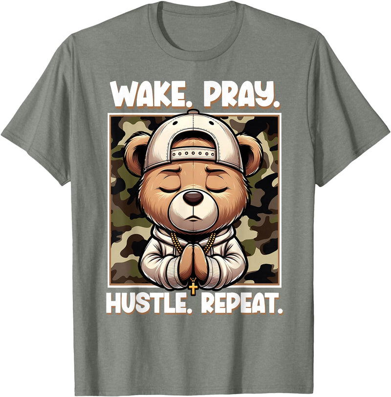 Camouflage Hip Hop Teddy Bear Hustle Grind Designs Wake Pray Hustle Repeat Hip Hop Teddy Bear Boys Teens Camo T-Shirt - Olive Heather