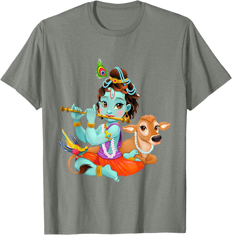 Clever Witty Designs Hindu god Lord Shri Krishna with a Cow and a Bird T-Shirt - Olive Heather