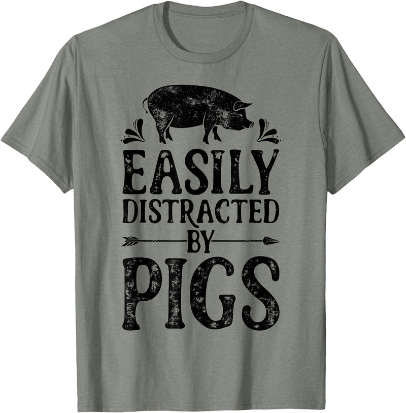 Piggy Squad Co Pig Easily Distracted By Pigs Funny Farmer Farm Animal Lover T-Shirt - Olive Heather