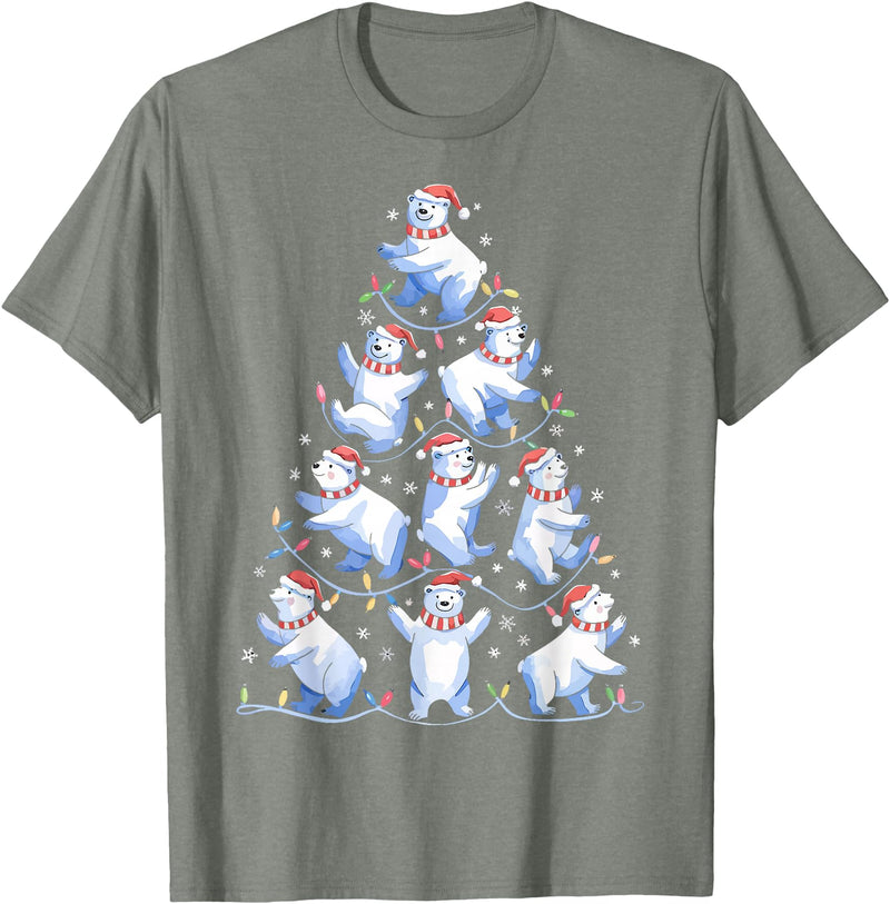 White Giant Christmas Tree Lights Santa Hats Polar Bear Christmas Tree Funny Ice Bear Holiday T-Shirt - Olive Heather