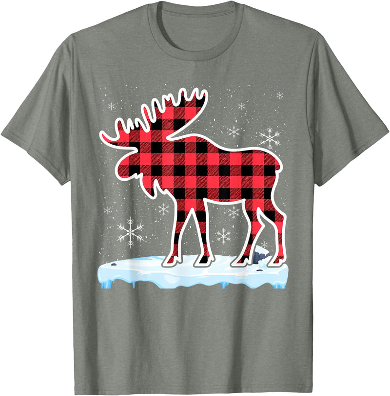 Moose Buffalo Lover Gift Co. Moose Red Buffalo Plaid Matching Pajama Family T-Shirt - Olive Heather