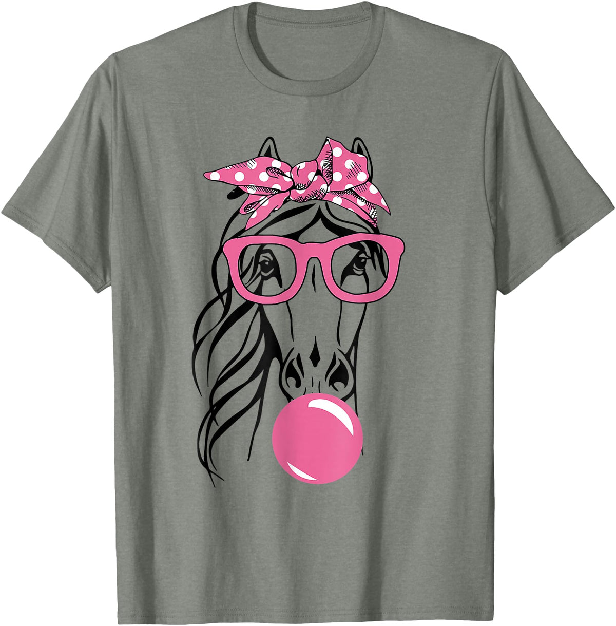 Funny Horses Lover Ladies Cute Horse Bandana Headband Glasses T-Shirt - Olive Heather