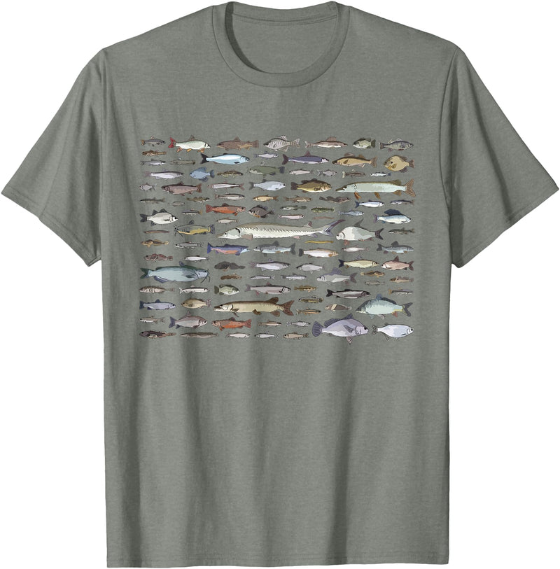 100 Types Of Fish Species Tee 100 Types of Freshwater Fish Species Fishing T-Shirt - Olive Heather