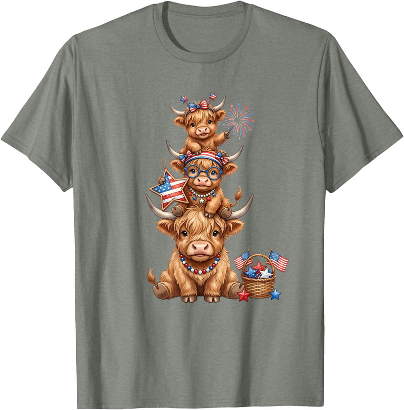 Funny 4th Of July Highland Cow Apparel Cute Highland Cow 4th of July Patriotic American Flag T-Shirt - Olive Heather