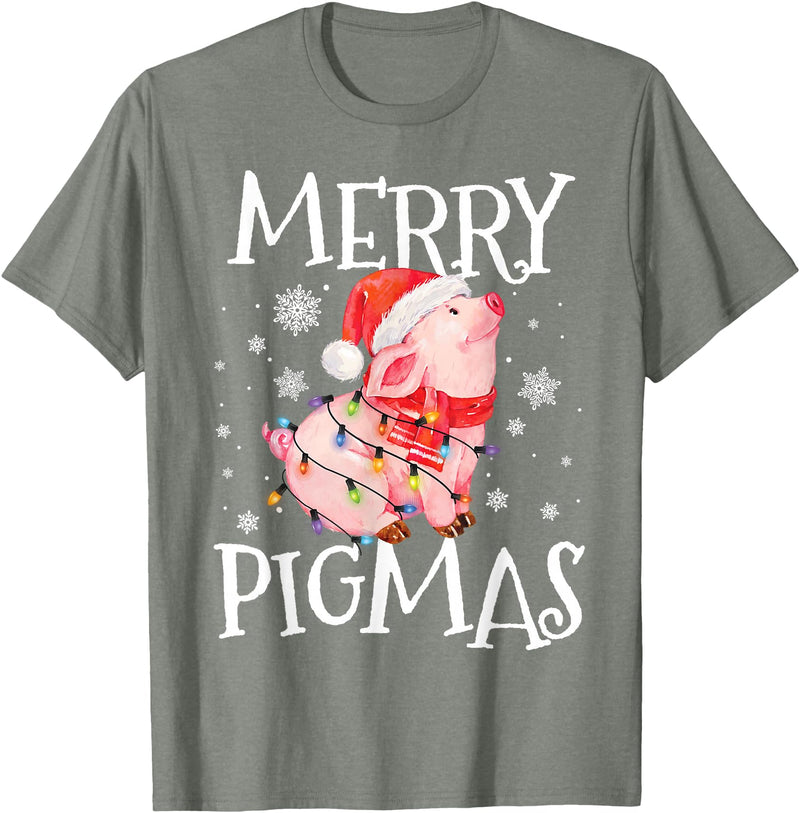 Christmas Funny Gifts Merry Pigmas Funny Pig Christmas Lights Tree Xmas Funny T-Shirt - Olive Heather