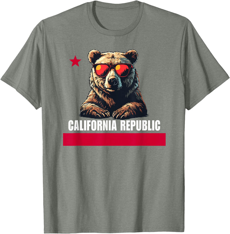 California Summer Surfing California The Golden State Bear Flag T-Shirt - Olive Heather