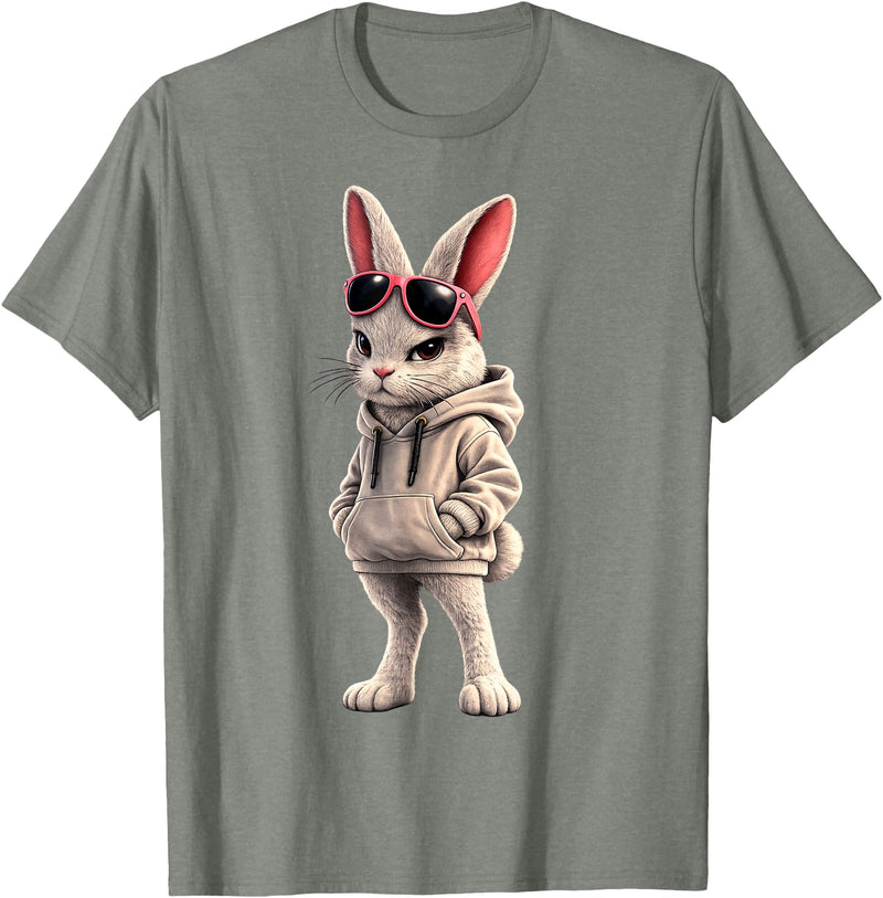 Cool Rabbit Wearing and Sunglasses Funny Rabbit Hoodie in Olive Heather