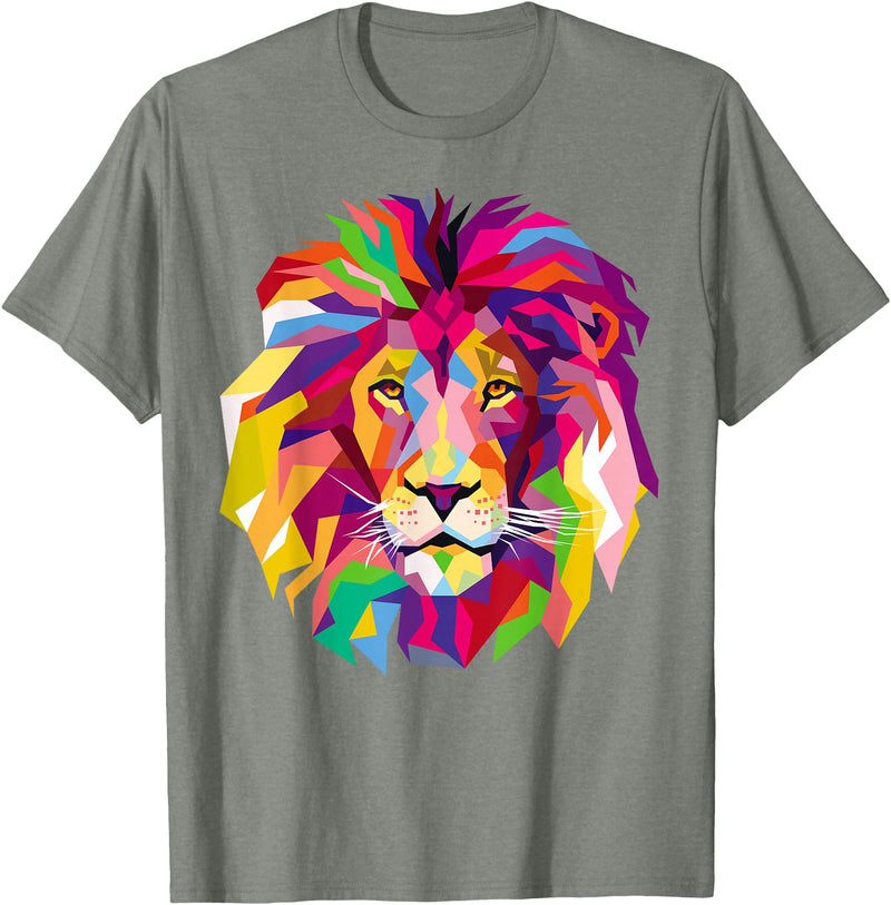 AXZ Tee Lion Series Elegant, Cool Lion Head with Bright Colorful T-Shirt - Olive Heather