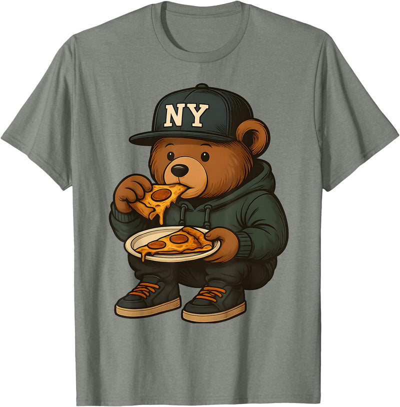 Street Food Streetwear & Hip Hop Style Designs Hip Hop Teddy Bear Eating New York Style Pizza Teenager Men T-Shirt - Olive Heather
