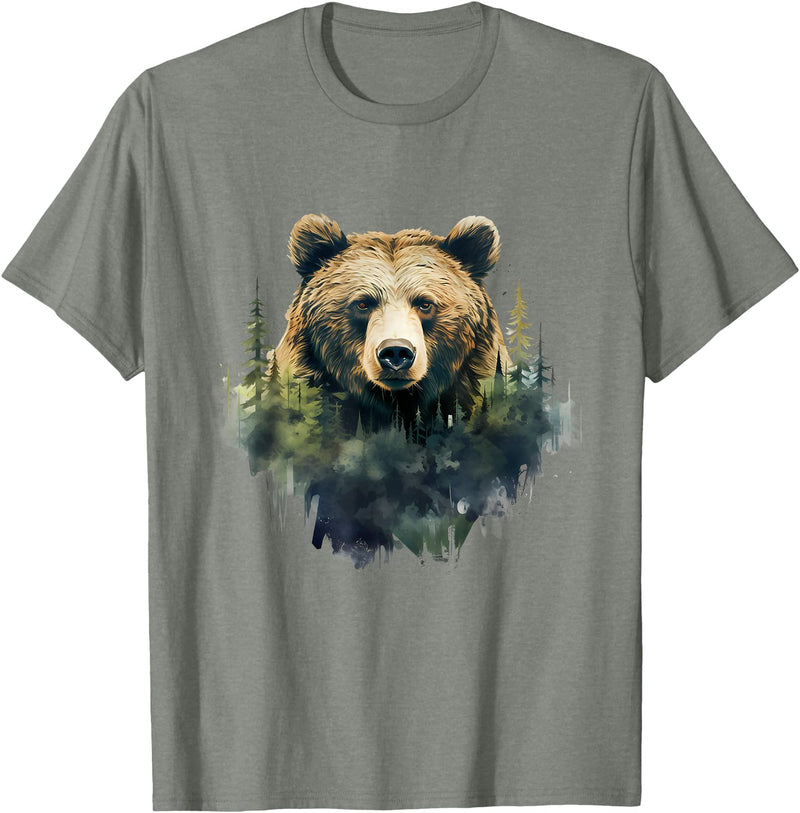 Bear Forest Animal Art Portrait Forest Artwork Wildlife T-Shirt - Olive Heather