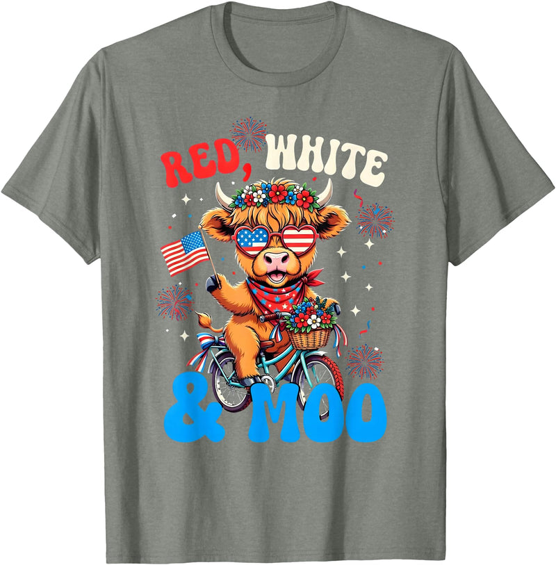 Patriotic Highland Cow USA Fourth of July Tee Red White and Moo Patriotic Highland Cow 4th July T-Shirt - Olive Heather