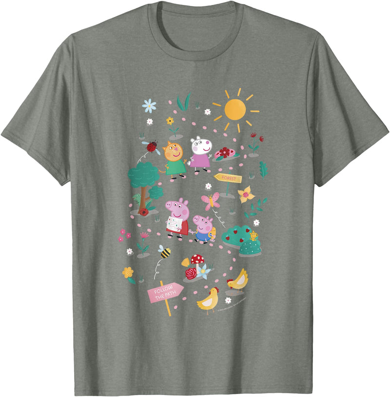 Peppa Pig Follow The Path To The Forest Group Shot T-Shirt - Olive Heather