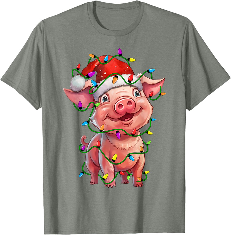 Pig Lovers Christmas Tree Lights Pig Santa Christmas Tree Lighting Xmas Funny T-Shirt - Olive Heather