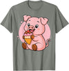 Funny Cute Pig Ice Cream Kawaii Design Pig Eating Ice Cream Graphic Boys Girls Pig Lover T-Shirt - Olive Heather