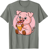 Funny Cute Pig Ice Cream Kawaii Design Pig Eating Ice Cream Graphic Boys Girls Pig Lover T-Shirt - Olive Heather