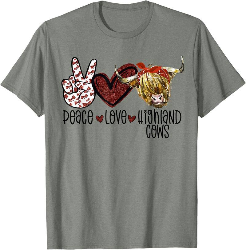 Funny Peace Love Designs Highland Beef Cow Farmers Peace Love Highland Cows T-Shirt - Olive Heather