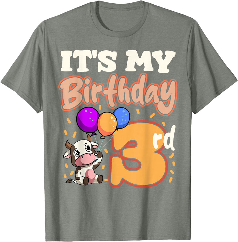 Cow Birthday 3 Party Farmyard Apparel Cow 3rd Birthday Party Balloons Moo Farm Animal Vet Barn T-Shirt - Olive Heather