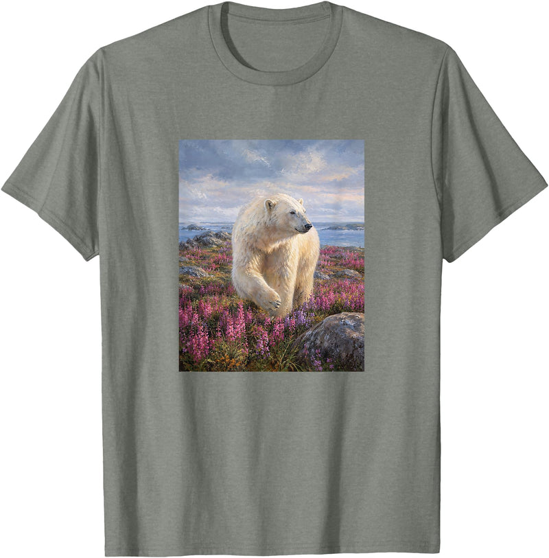 Dee Claire Art & Designs Polar Bear Summer Wildflower Meadow Nature Artwork T-Shirt - Olive Heather