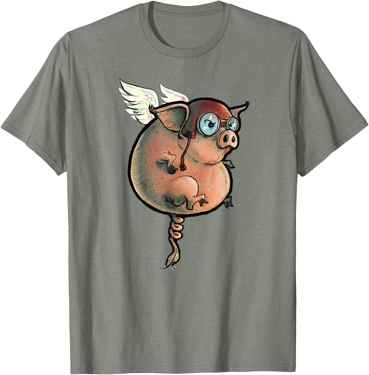 Logic Streetwear Flying Pig Funny Hand Drawn and Painted Art T-Shirt - Olive Heather