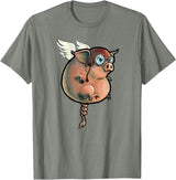 Logic Streetwear Flying Pig Funny Hand Drawn and Painted Art T-Shirt - Olive Heather