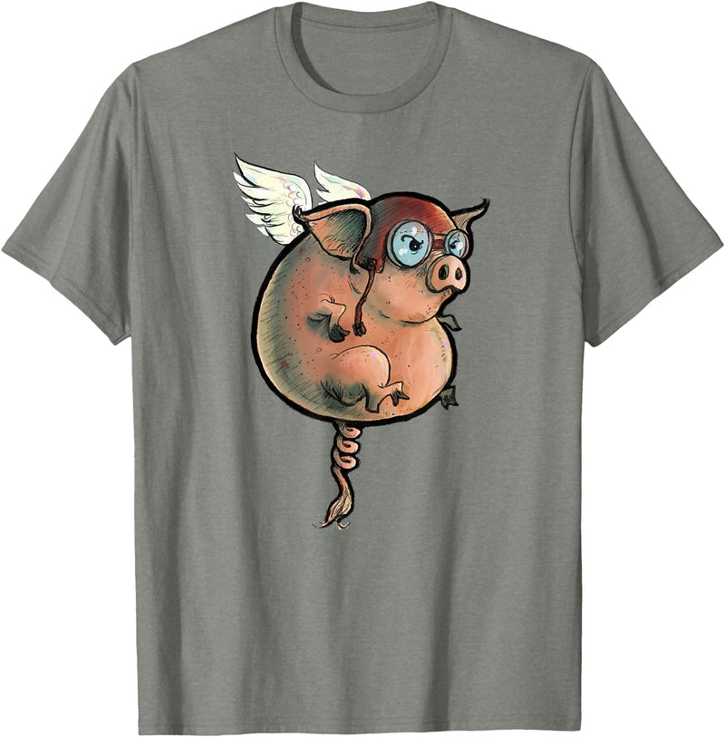 Logic Streetwear Flying Pig Funny Hand Drawn and Painted Art T-Shirt - Olive Heather
