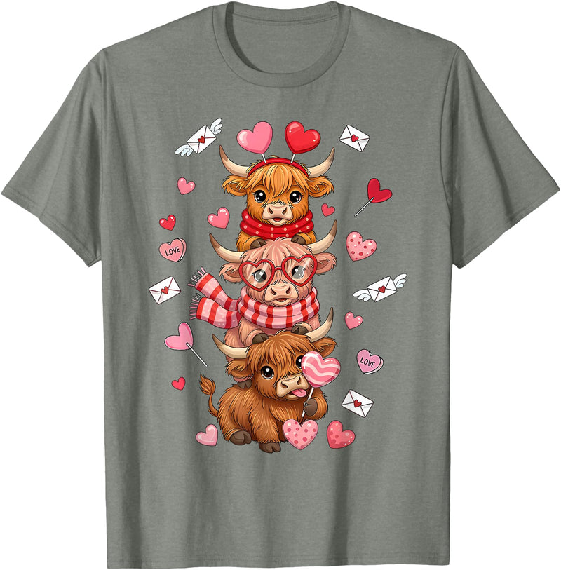 Retro Howdy Valentine Cow VDay Women Girls Cute Western Valentine Highland Cows with Hearts T-Shirt - Olive Heather