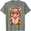 Funny Highland Cow Bookworm Lover Cute Highland Cow Reading Book T-Shirt - Olive Heather